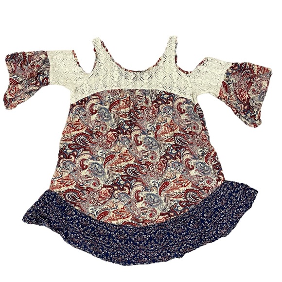 Umgee Womens Tunic Top Size S Floral Boho Mixed Media Ruffle Short Sleeve Crew - Picture 3 of 5